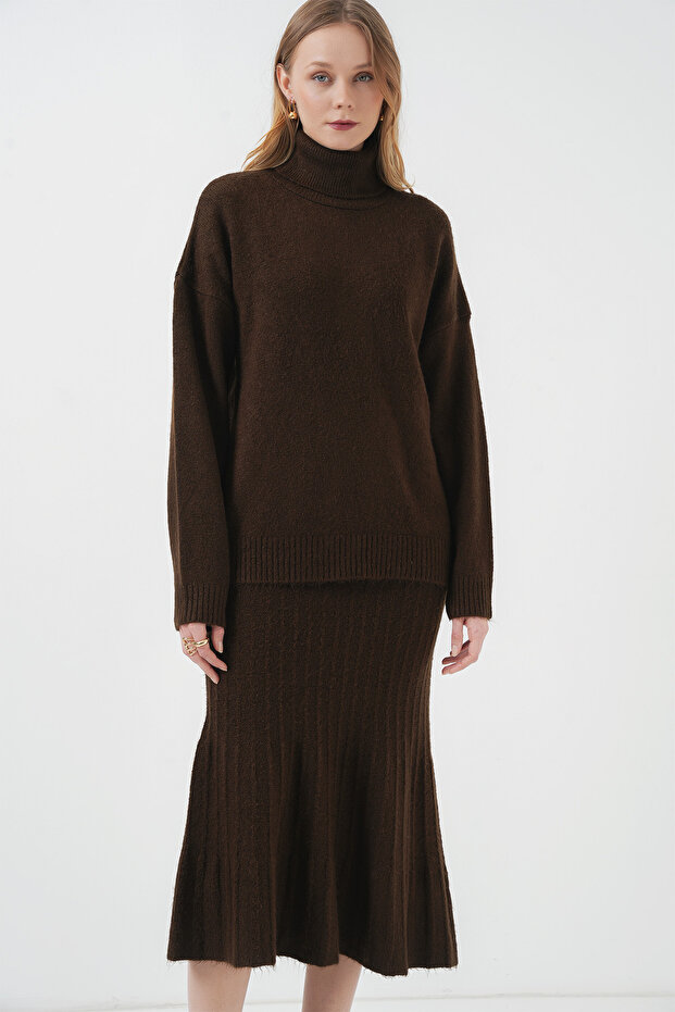 15892 Sweater Skirt Knitwear Two-Piece Set - Brown
