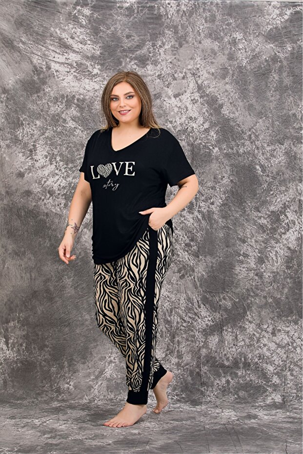 Short Sleeve Open V-Neck 93% Cotton 7% Lycra Pocketed Baggy Oversized Women's Pajama Set