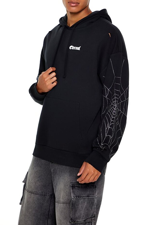 Taş İşlemeli Örümcek Ağı Kapüşonlu Sweatshirt - 3