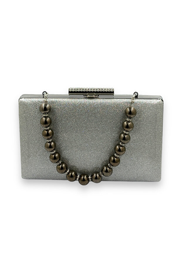 Silver Kumsim Imported Evening Dress Bag with Silicone Coated Pearl Strap Evening Bag Henna