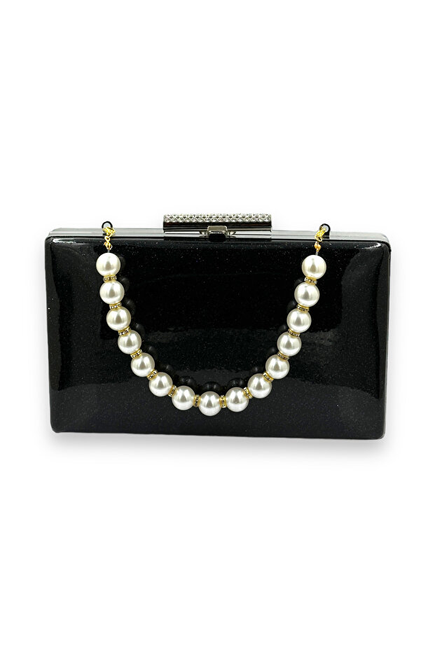 Black Kumsim Imported Evening Dress Bag with Silicone Coated Pearl Strap Evening Bag Henna
