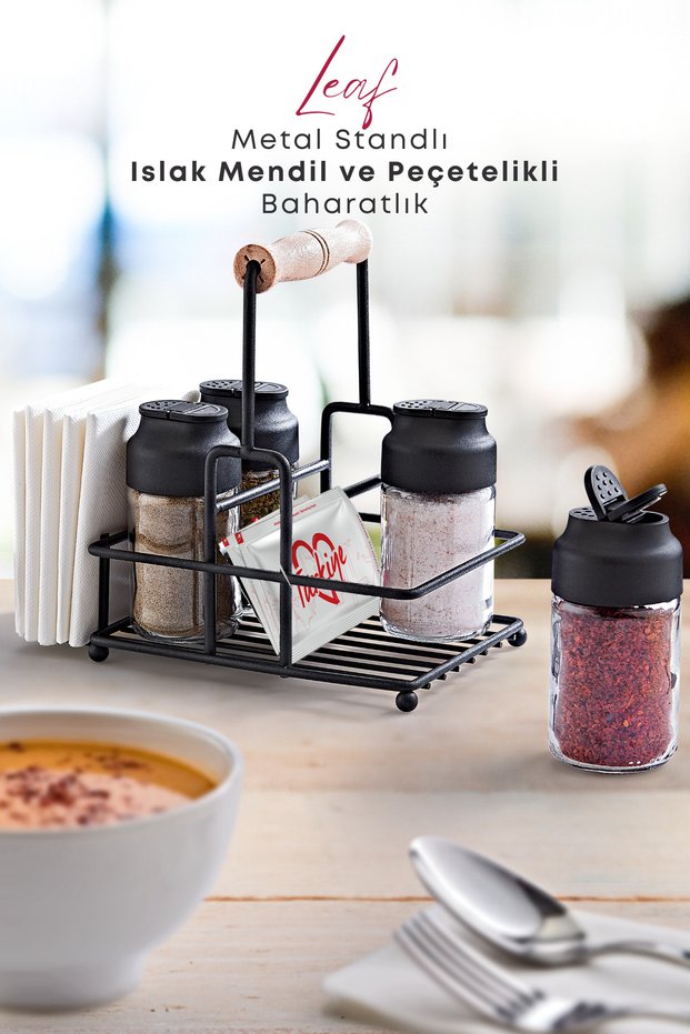 4-Piece Double-Lid Glass Spice Rack Set with Metal Stand, Napkin Holder, and Wet Wipe Compartment - Restaurant Cafe