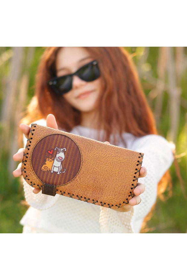 Large Wallet with Cat and Dog Figures Ethnic Bohemian Retro Vintage Style - Mustard