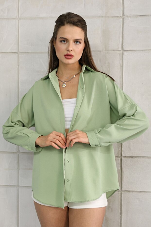Kadın Yeşil Gömlek Oversize - 6