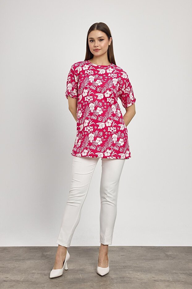Fuchsia Floral Pattern T-Shirt 4357A - 1
