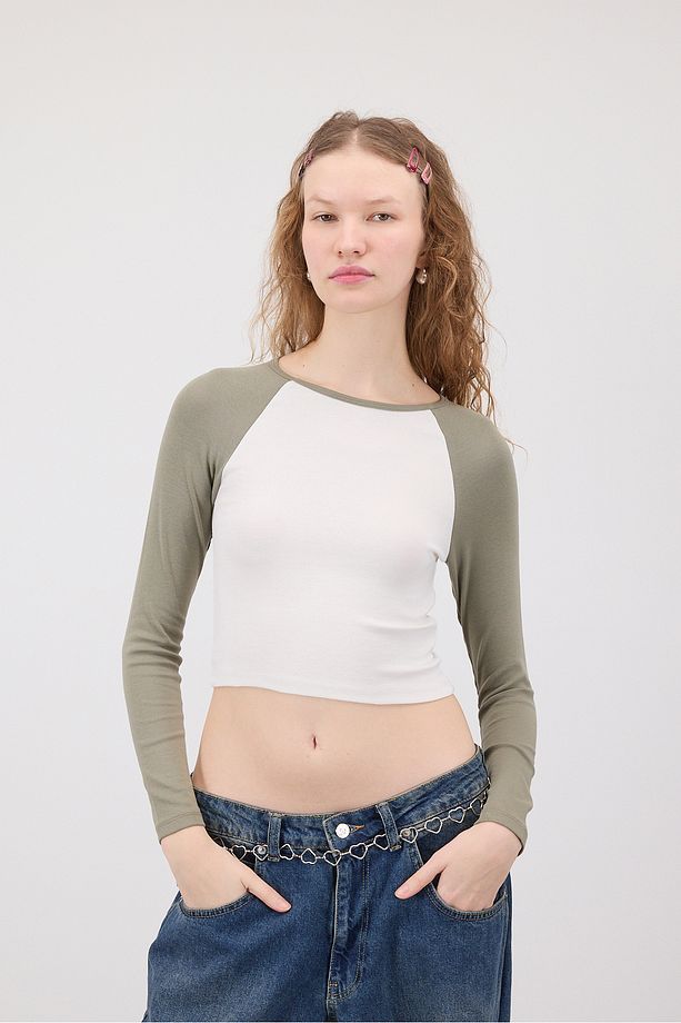 Reglan Uzun Kollu Crop Bluz B1634-i13 - 2