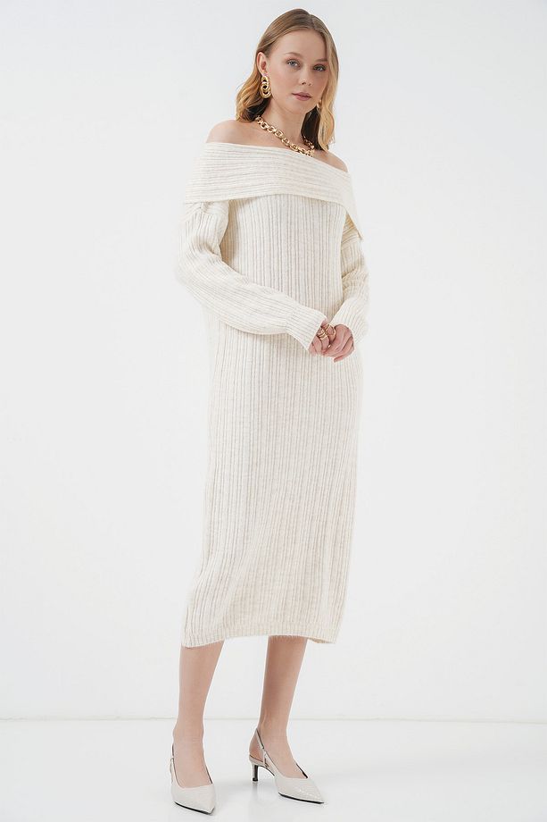 15920 Madonna Yaka Oversize Triko Elbise - Ekru - 2