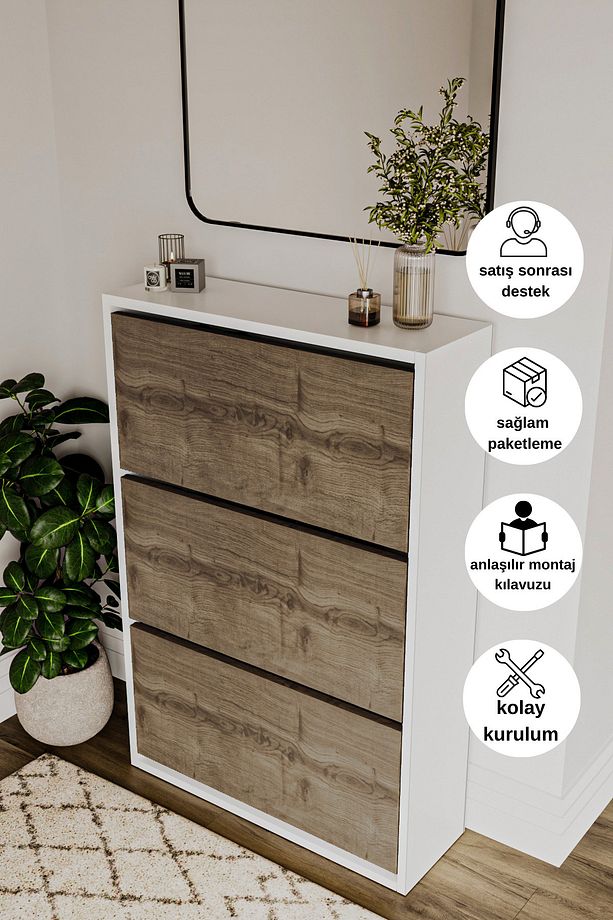 Düşer Kapak 3 Bölmeli Duvara Montajlanabilir Ayakkabılık - 1