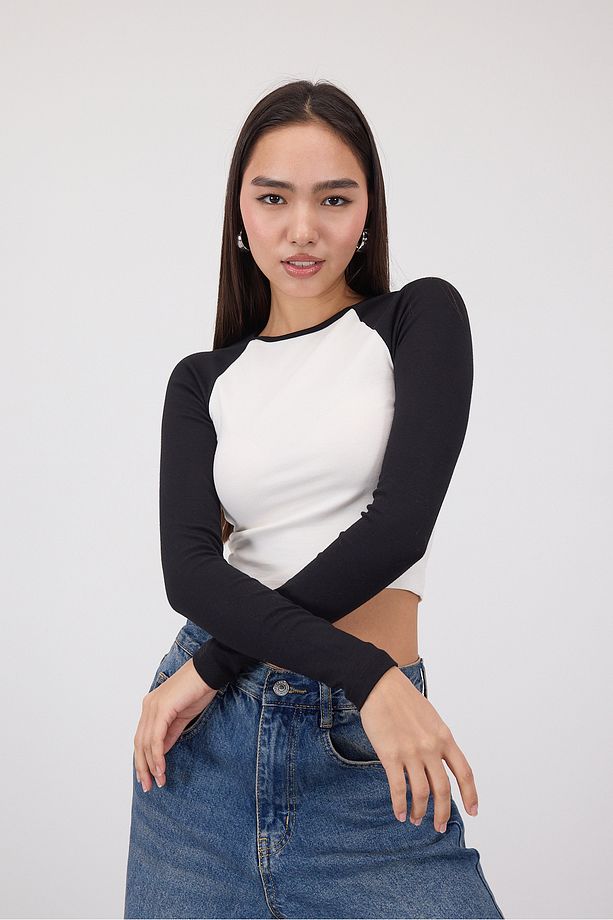 Reglan Uzun Kollu Crop Bluz B1634-i13 - 1