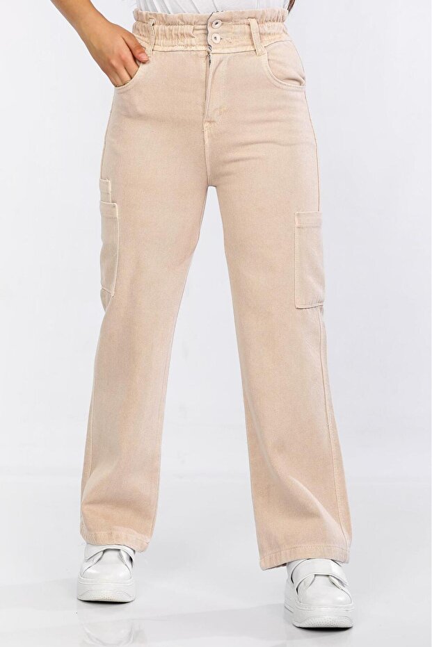 Yüksek Bel Çift Cepli Bol Kesim Kot Kız Çocuk Pantolonu - 1