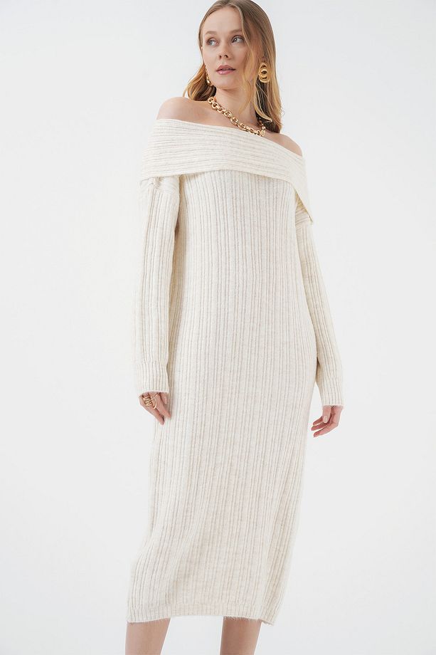 15920 Madonna Yaka Oversize Triko Elbise - Ekru - 1
