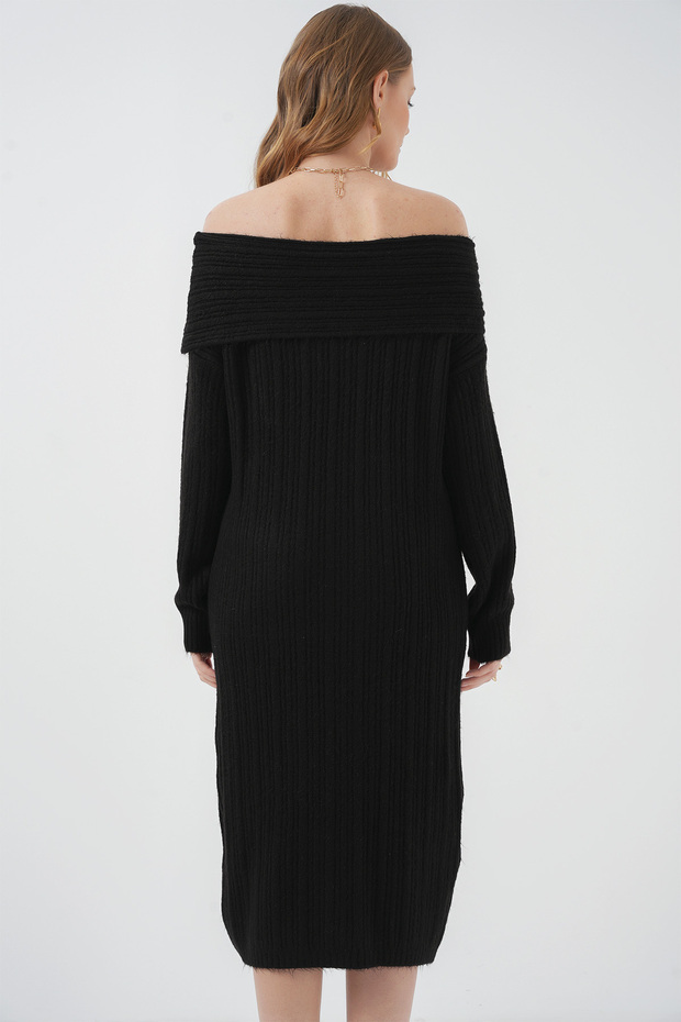 15920 Madonna Yaka Oversize Triko Elbise - Siyah - 6