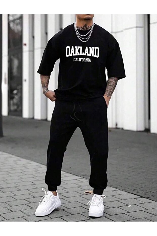 Oakland Printed Men's Black Jogger Tracksuit Set - Comfortable Fit