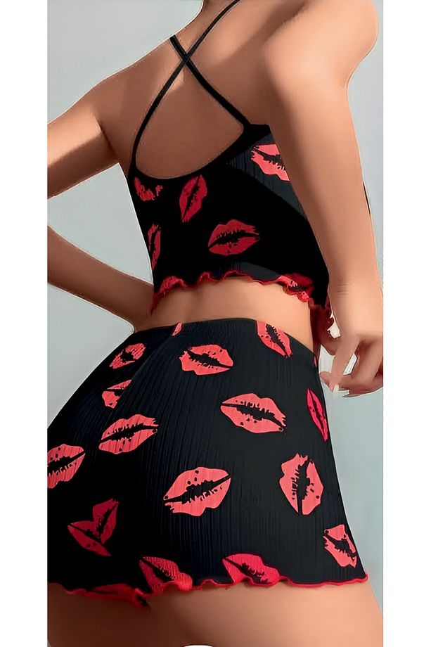 Penye Kumaş Dudak Baskı Detaylı İkili Şort Pijama Takımı - 4