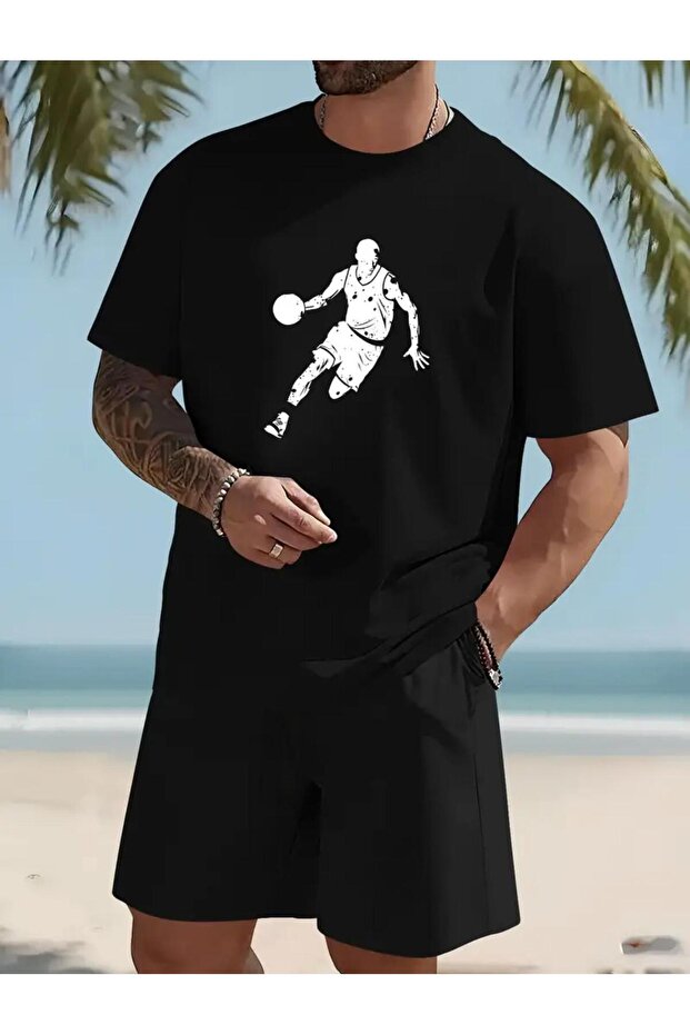Basketball Man Printed T-Shirt Short Wide Leg Comfortable Fit Black Bottom Black Top Short Suit