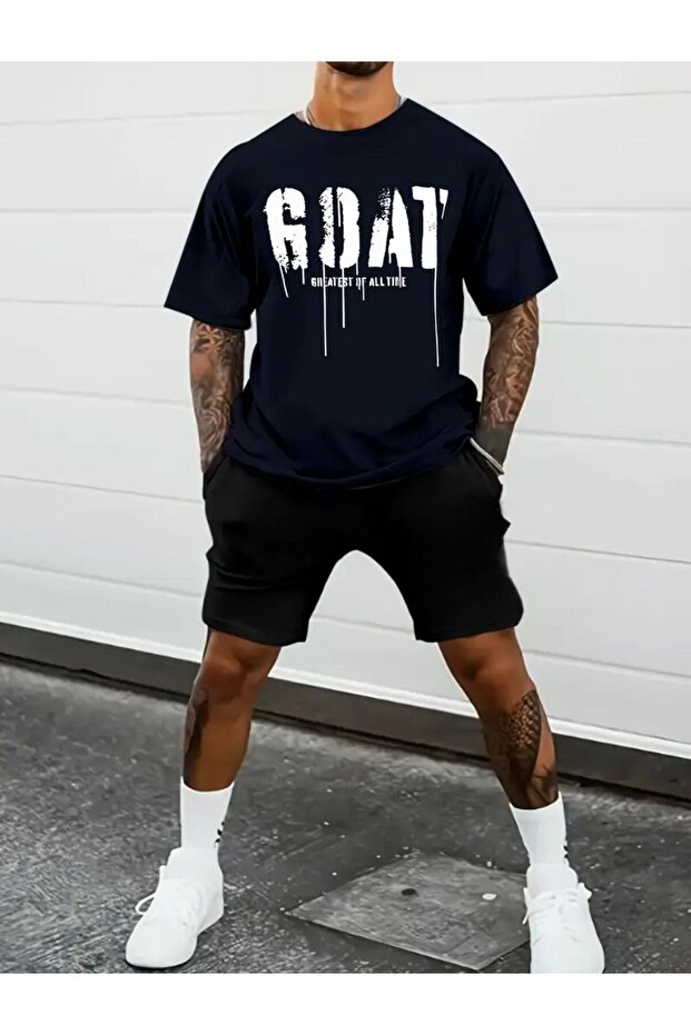Goat T-Shirt Printed Short Wide Leg Comfortable Fit Black Bottom Black Top Short Set