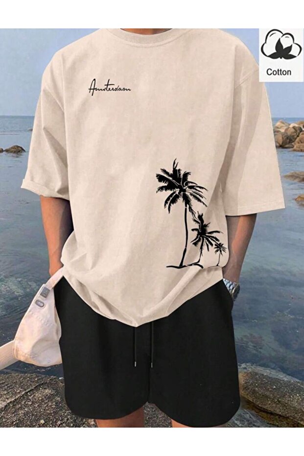 Amsterdam Palm Printed T-Shirt Short Wide Leg Comfortable Fit Black Bottom Beige Top Short Set