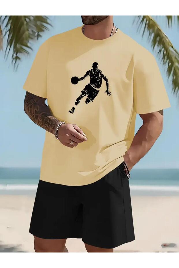 Man Printed Basketball Black Beige T-Shirt and Short Set - Comfortable Fit