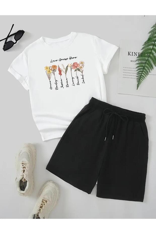 Love Grange Printed Women's T-Shirt - Short Wide Leg, Comfortable Fit, Black Bottom White Set