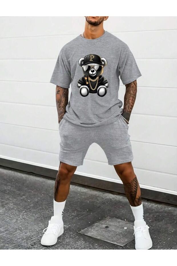 Unisex Gold Teddy Bear Printed T-Shirt - Short Loose Leg, Comfortable Fit, Black and Gray Top Set