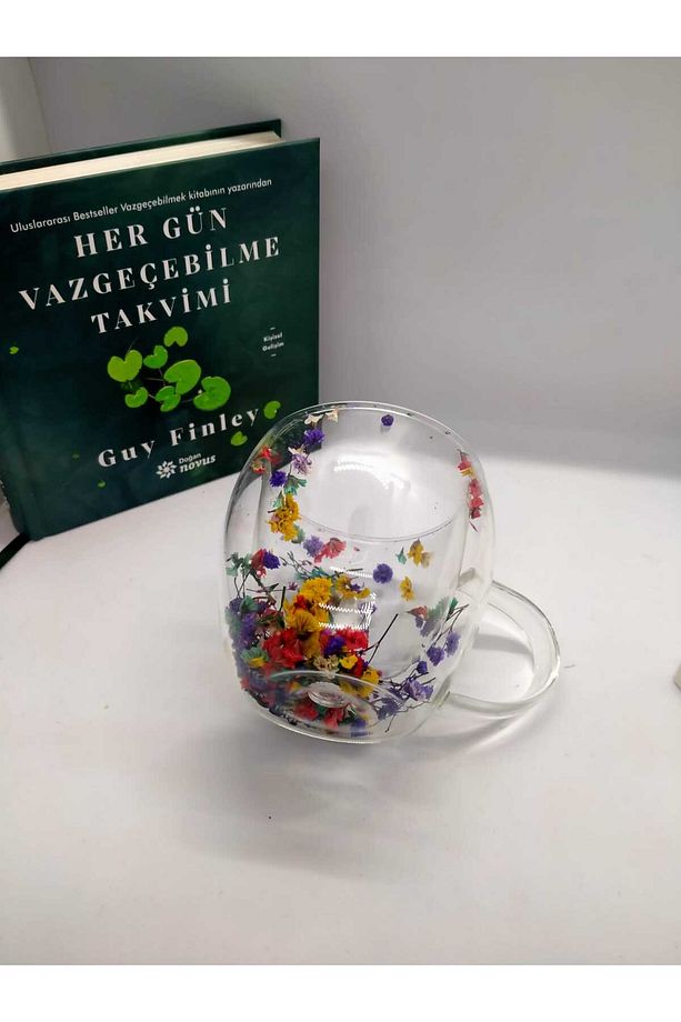 Isıya Dayanıklı Çift Cidarlı Kurutulmuş Canlı Çiçekli Kupa - 5