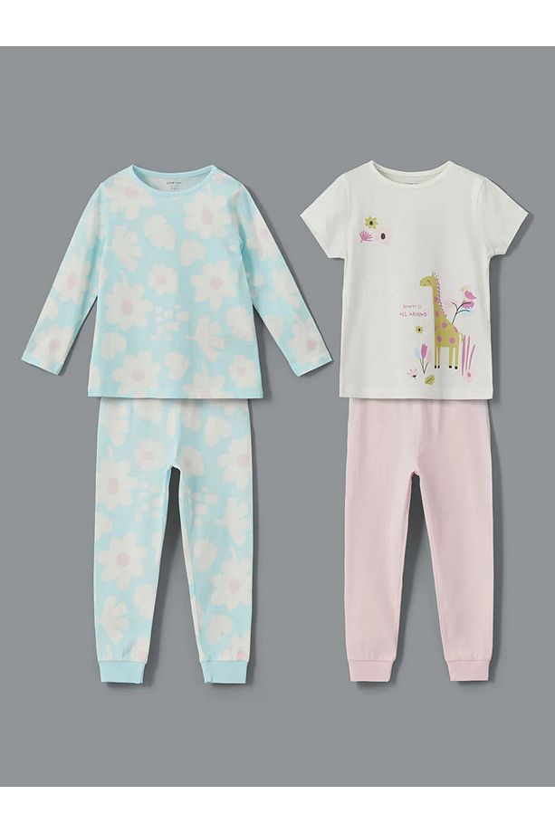 LCW baby Ekru Bisiklet Yaka Çiçekli Kız Bebek Pijama Takım 2'li - 1