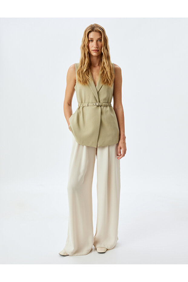 Belted lapel collar double breasted long blazer vest.