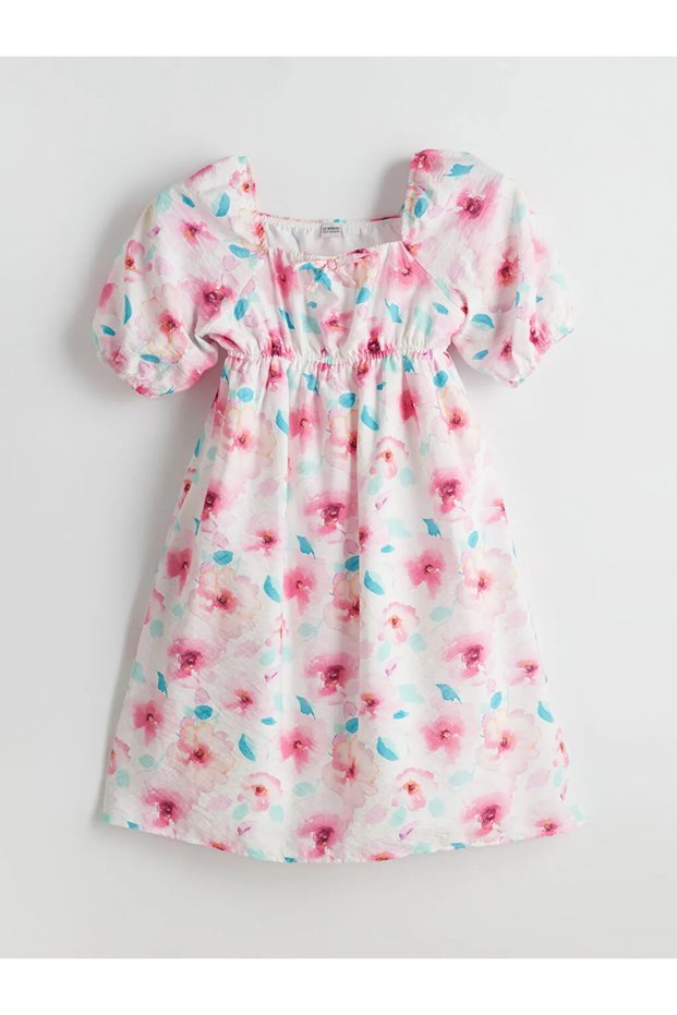 Lcw Kids Pink Square Neck Floral Girl's Dress
