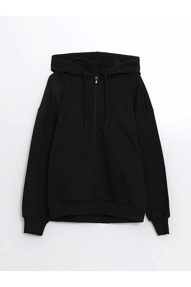 LCW Modest Siyah Kapüşonlu Oversize Kadın Fermuarlı Sweatshirt - 5