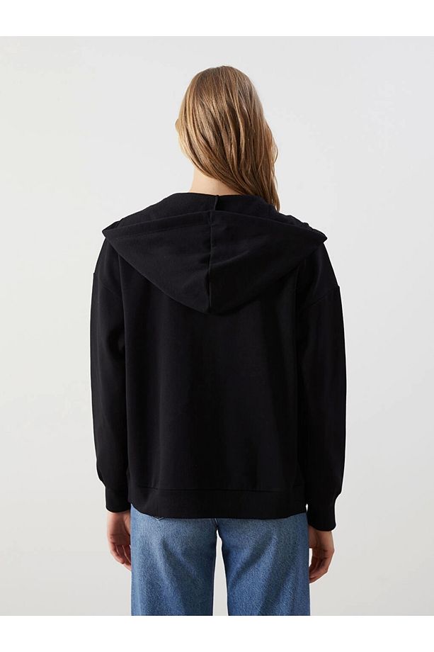 LCW Modest Siyah Kapüşonlu Oversize Kadın Fermuarlı Sweatshirt - 4