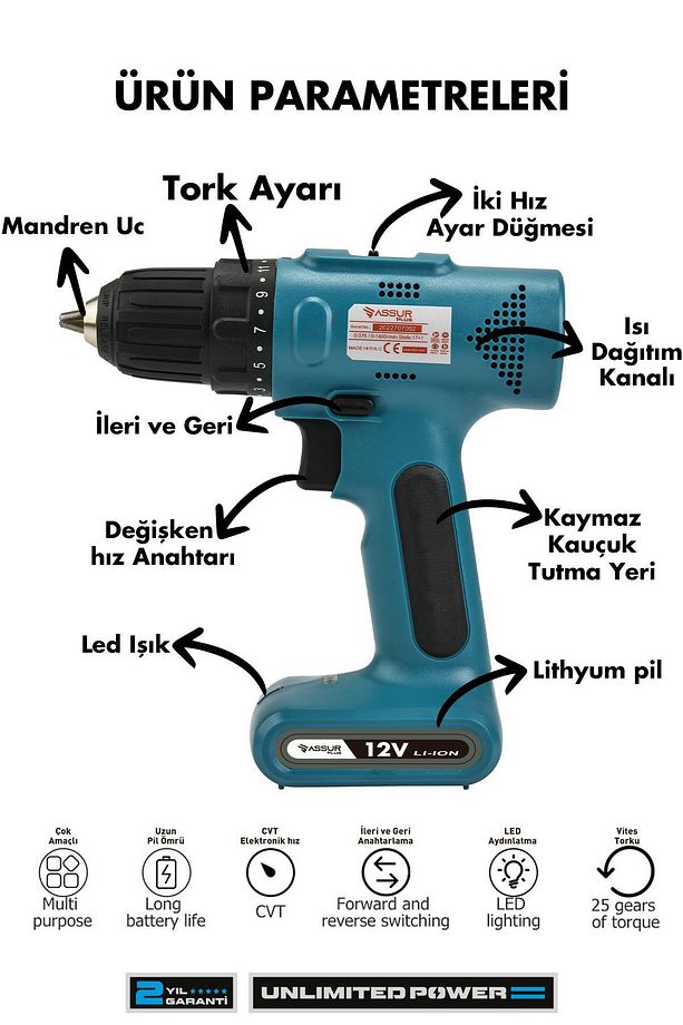 12v Type-c Usb Şarjlı Matkap Dahili Batarya Akülü Vidalama - 3