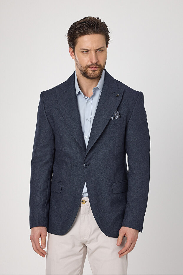 Classo Men's Light Navy Slim Fit Peaked Lapel Self Pattern Blazer Jacket