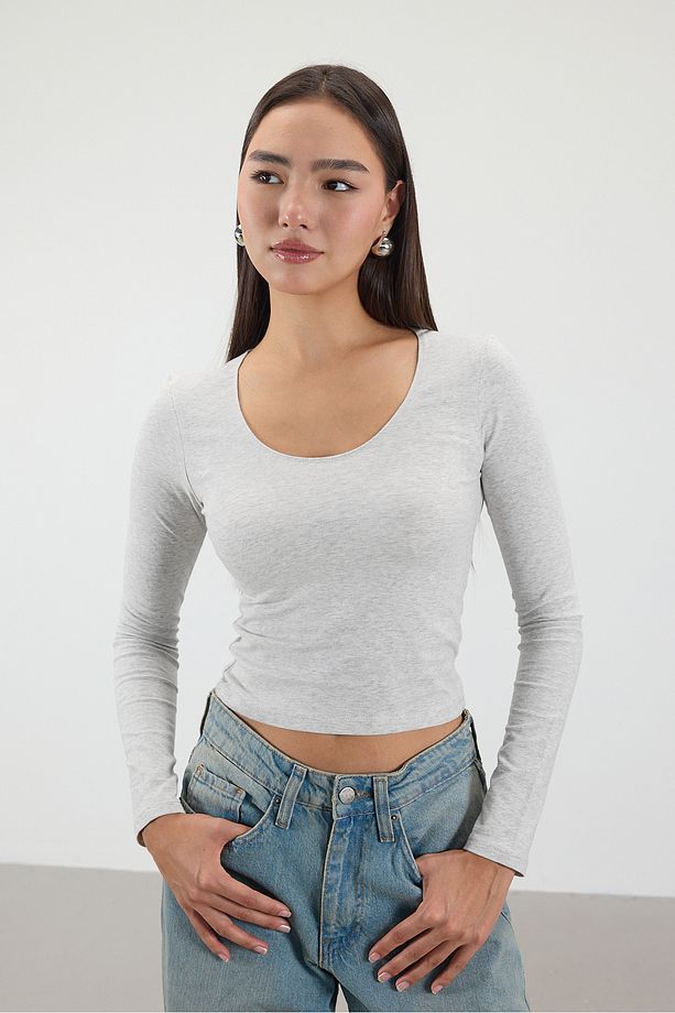 U Yaka Uzun Kollu Basic Bluz B1657-t9 - 1