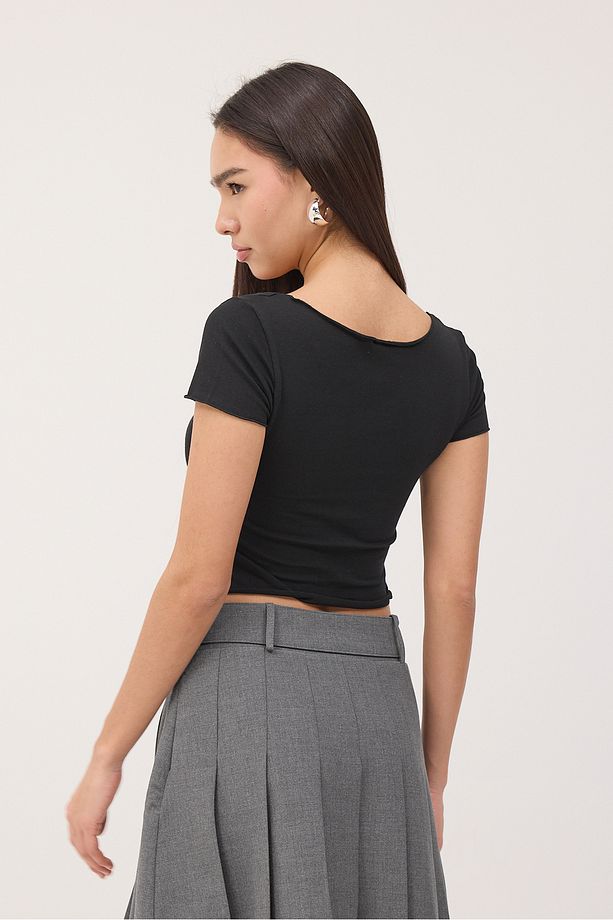 V Yaka Kısa Kollu Crop Bluz B1626-T8 - 5