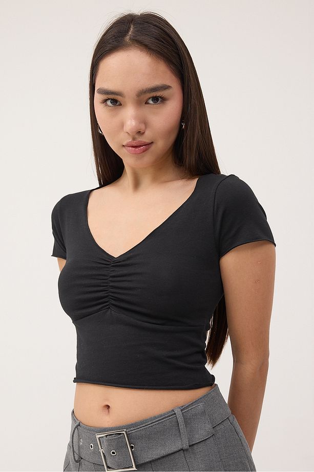 V Yaka Kısa Kollu Crop Bluz B1626-T8 - 3