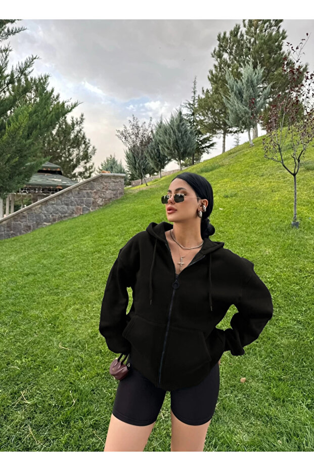 Black Women's Plain Zippered Oversize Cardigan Sweatshirt