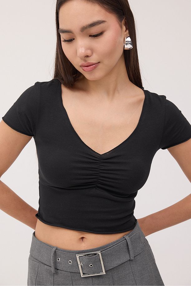 V Yaka Kısa Kollu Crop Bluz B1626-T8 - 4