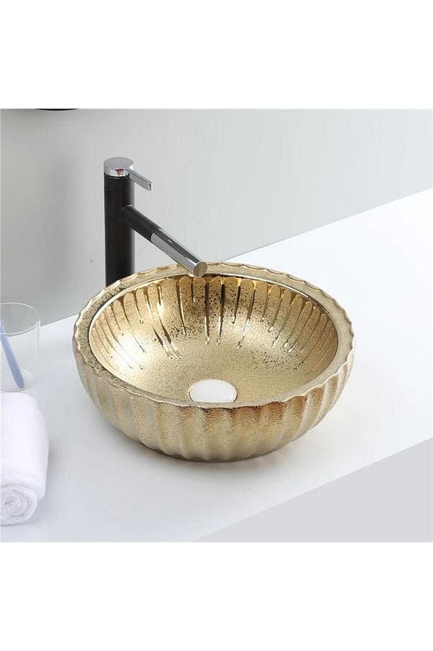 Luvia Yuvarlak Altın Tezgah Üstü Seramik Lavabo - 1