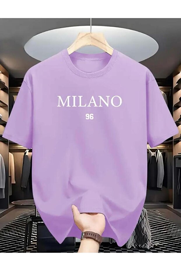 Milono 96 Patterned Unisex Cotton Round Neck Lilac T-Shirt