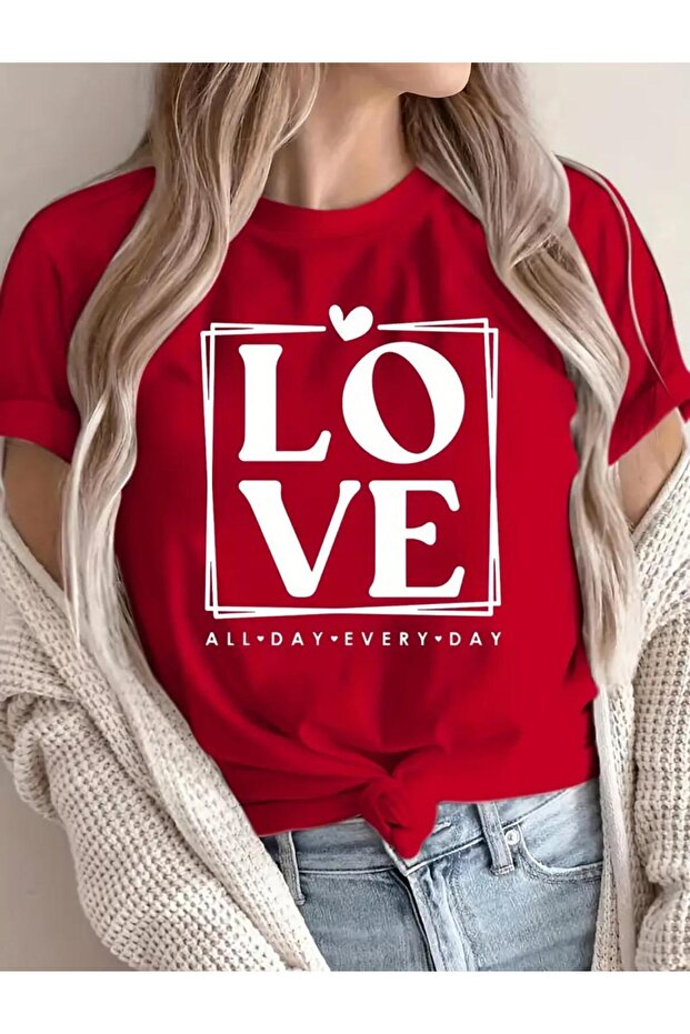 Love All Day Printed Cotton Combed Round Neck Red T-Shirt