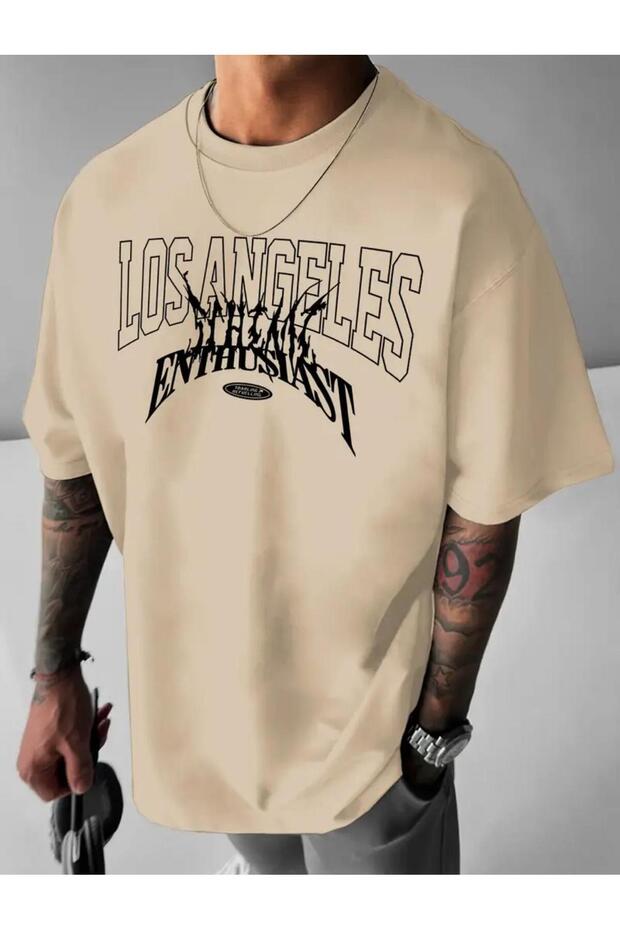 Enıhusıast Printed Men's Comfortable Fit Cotton Combed Beige T-Shirt