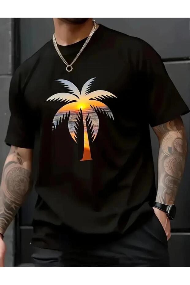 Large Palm Tree Printed Cotton Combed Round Neck Black T-Shirt