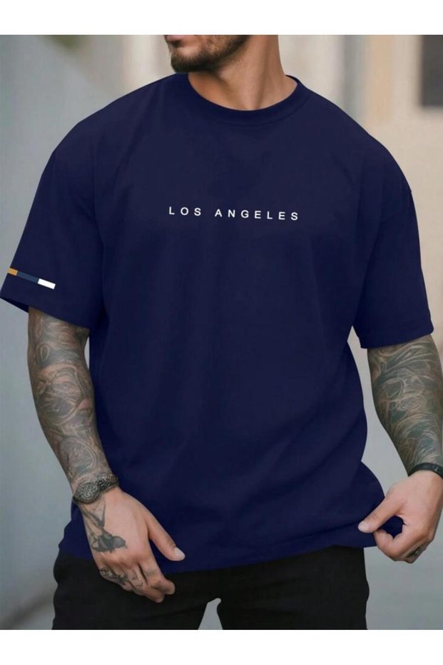 Losangeles 3 Line Sleeve Printed Cotton Round Neck Navy Blue T-Shirt