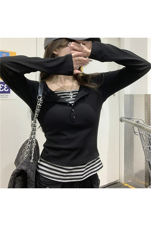 شريط أسود مزين بأزرار وأكمام طويلة - 2