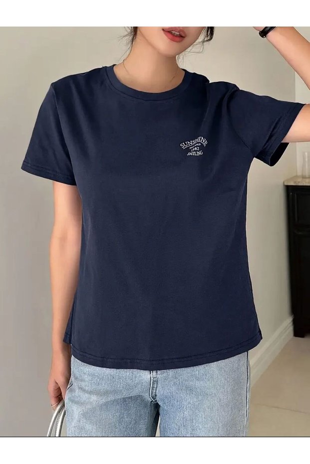 Sunshine Printed Women's Cotton Combed Comfortable Fit Navy Blue T-Shirt