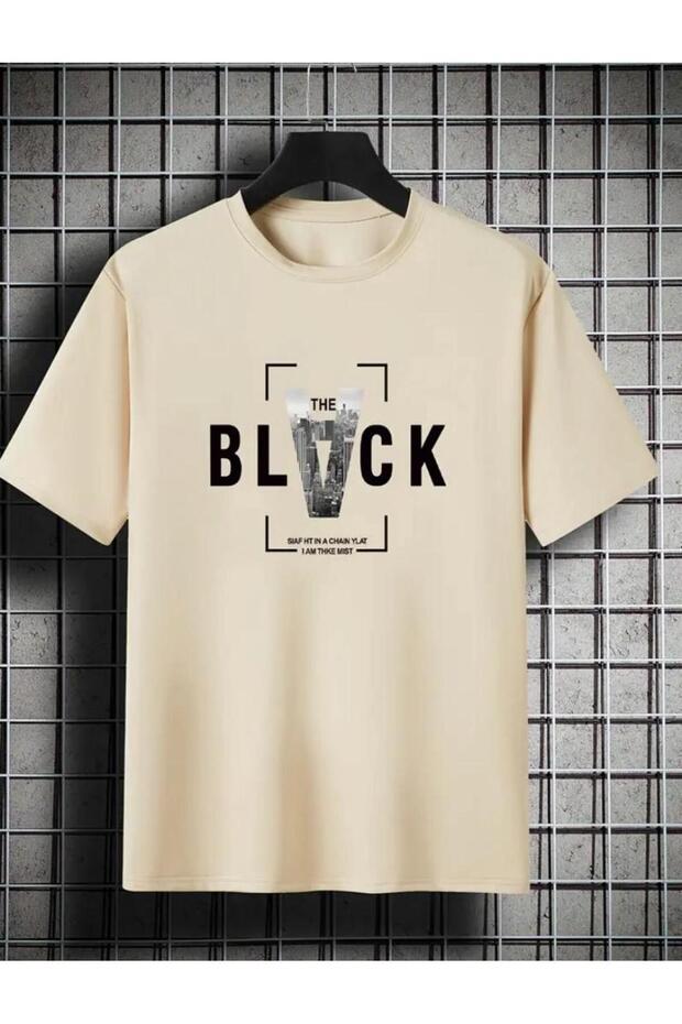 Black Printed Unisex Cotton Round Neck Beige T-Shirt