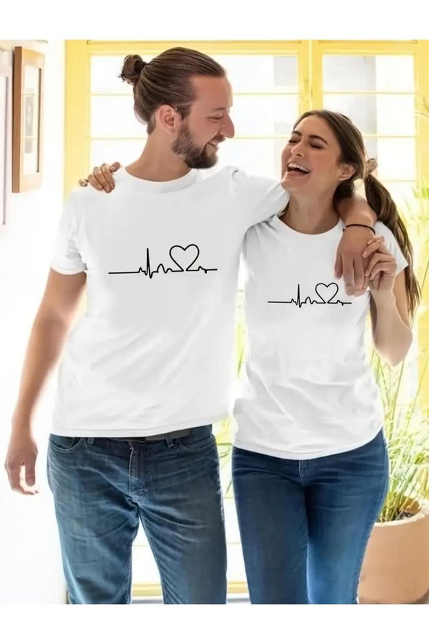 Heart Rhythm 2-Piece Lover Combination Printed Cotton Combed White T-Shirt
