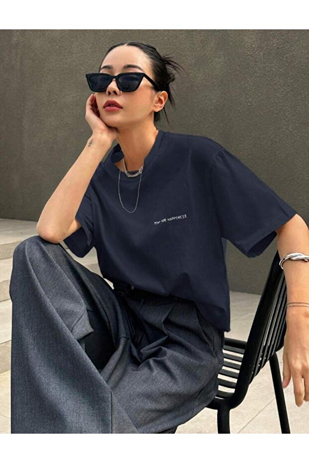 Time for Women's Front Back Printed Comfortable Fit Cotton Combed Navy Blue T-Shirt