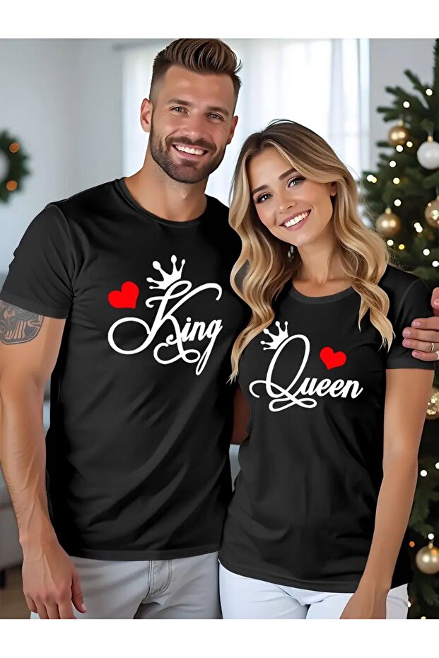 King Quen Printed Couple Combination Cotton Round Neck Black T-Shirt