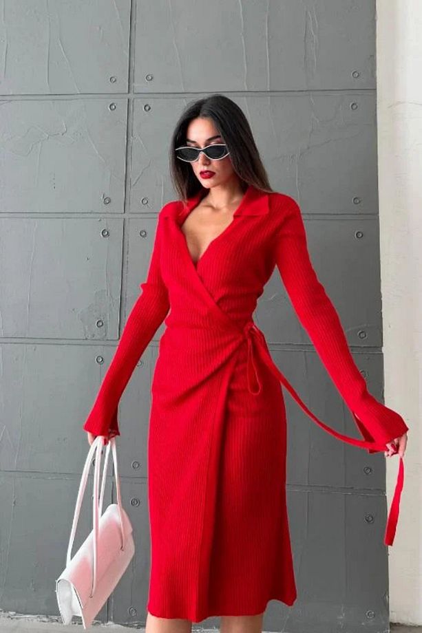 Kırmızı Fitilli Midi Elbise - 5
